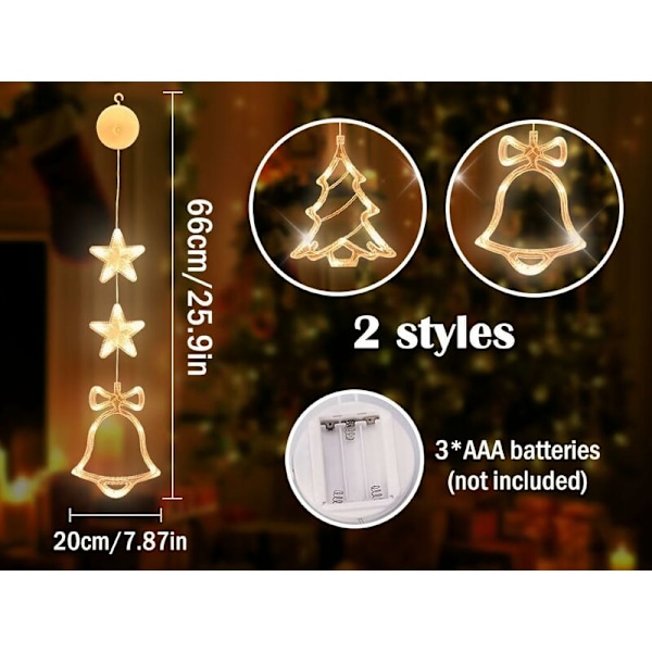 2 st lysande juldekorationer, hängande julbelysning för fönster med sugpropp, fönsterlampa, juldekorationslampa för fönster, för inomhusbruk
