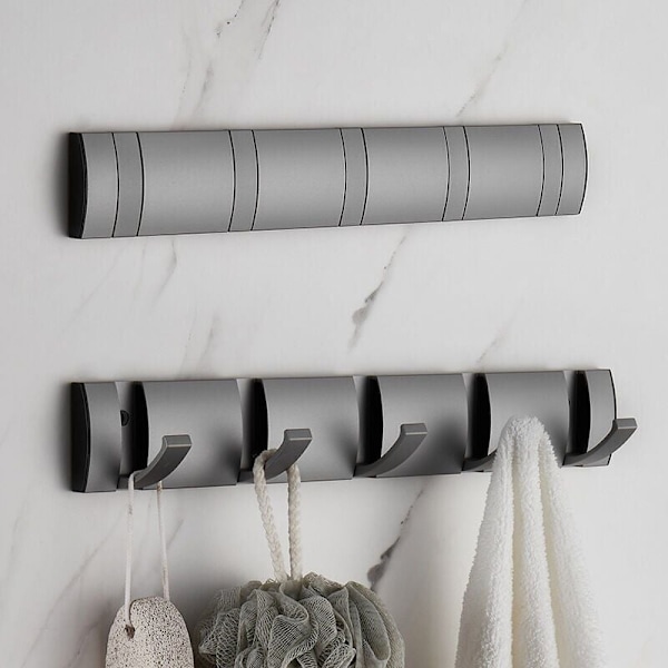 Foldbar Vægmonteret Knagerække med 5 Kroge, Pladsbesparende Vægmonteret Knagerække, Håndklædeholder, Gunmetal Ask Krog, Velegnet til Badeværelse, Soveværelse, Entré