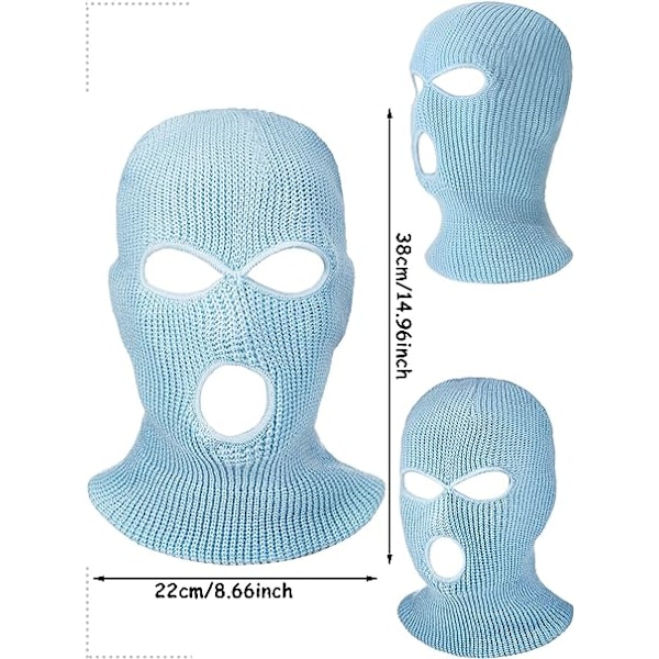 3 st sportbalaclavor i fullface med 3 hål, stickad ansiktsmask för vinter utomhus skidåkning (vit, rosa, himmelsblå, vuxen)