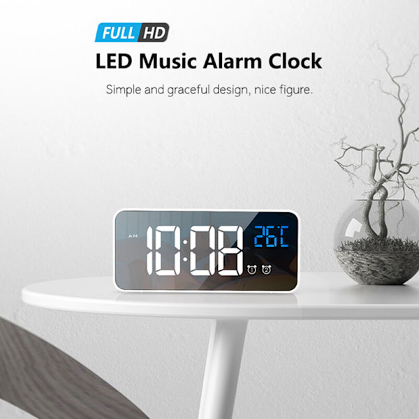 LED digital väckarklocka för sovrum, elektronisk klocka med termometer, 2 alarm, snooze-funktion, 4 ljusstyrkenivåer, spegelklocka, USB-laddning för