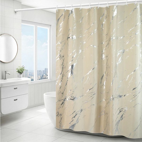 (Beige) Simpel Sølv Marmoreret Curt Gardiner - 180x180cm ,, Maskinvaskbart polyester bruseforhæng med nedre søm og 12 kroge, Badeværelse Badekar Cur