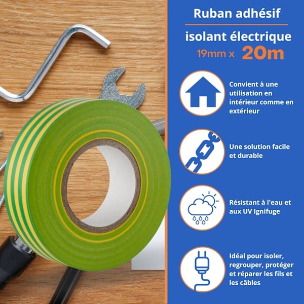 Grøn/gul elektrisk isolerende tape - 25 m - modstandsdygtig, selvklæbende - beskyt, bundt, reparer kabler - 1 rulle
