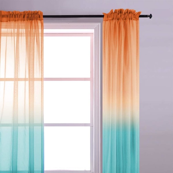 Stue Orange og Turkis Gardiner 213 cm Lange Gennemsigtige Ombre 70'er Vintage Gardiner Soveværelse 2 Panel Gardiner Mintgrøn og Turkis