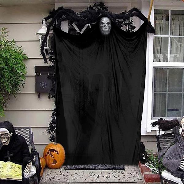 Halloween riippuva haamu koriste kummitustaloon riippuva Grim Reaper Skull Halloween koriste rekvisiitta pelottava rekvisiitta Halloween koriste (musta)