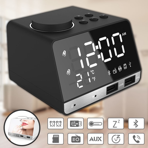 LED Dual Alarm Clock Mirror Clock Radio Speaker for Bathroom Bass Wireless Bluetooth + USB Port + FM Black Black