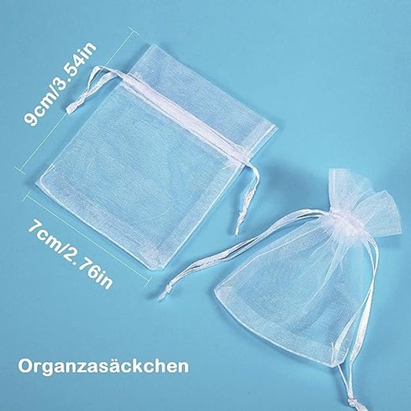 100-pack vita organza påsar, 7 x 9 cm, organza presentpåse, smyckespåse, bröllopspåsar, lavendelpåsar, bröllopsgåva