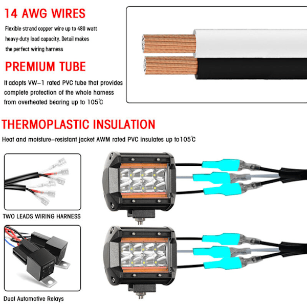 Kabelsett for LED-lysrampe, 480 W, 2 ledninger, 14 AWG, universelt LED-kabelsett med 12 V 40 A relé og to kontrollbrytere for å bytte mellom dif