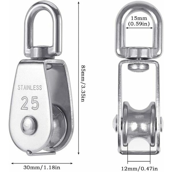 4 st 25 mm monoblockblock i silverfärgat rostfritt stål 304, monoblockkran för M25-trissa med en trissbelastning av svängbart papper 150 kg