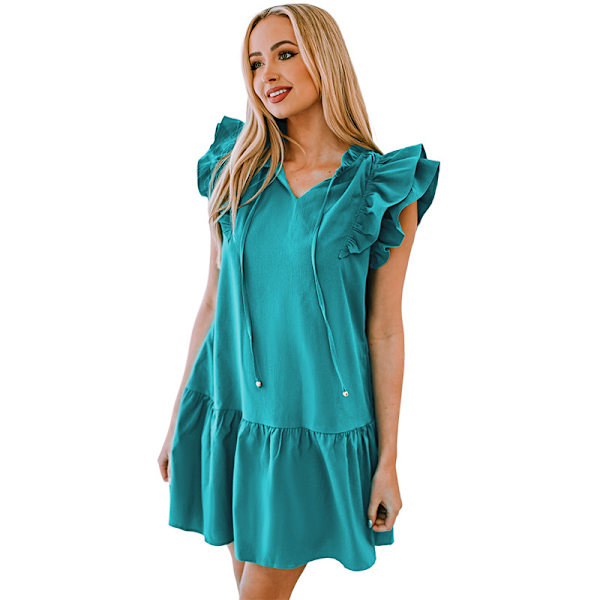 Kvinders Forår Sommer 2023 V-hals Snørebånd Ruffle Cap Sleeve Side Lomme Mini Kjole