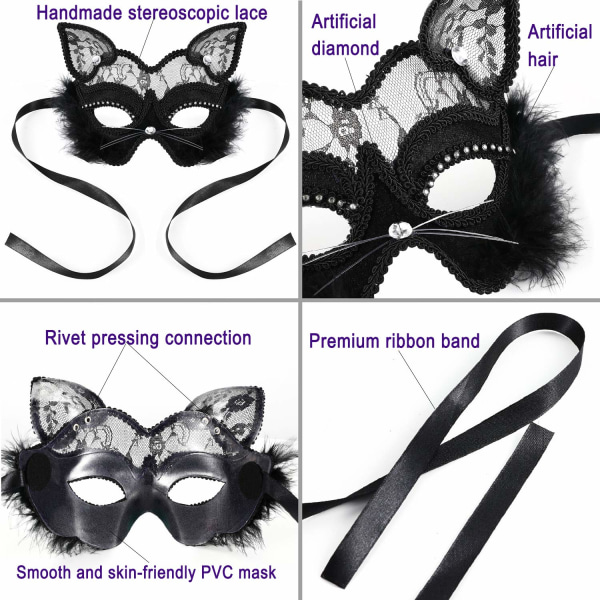 Venetiansk Maskerademaske Luksuriøs Svart Kattespiss Maske for Fancy Dress Up Jul Halloween Kostymefest Jenter Kvinner