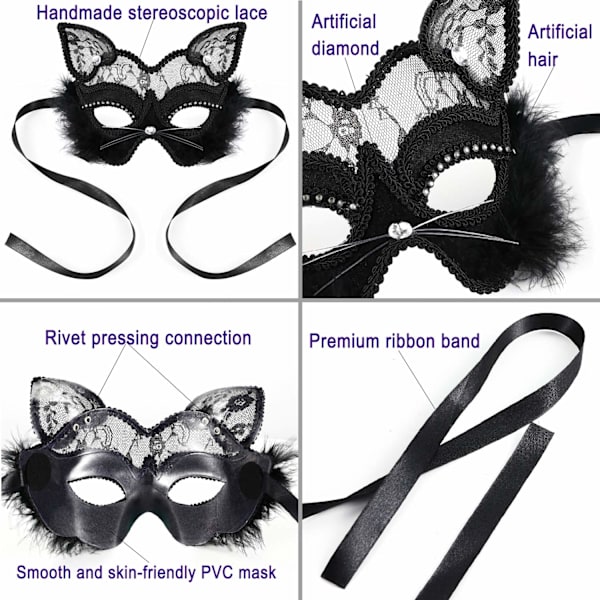 Venetiansk Masquerade Maske Luksus Sort Kat Blonder Maske til Fancy Dress Up Jul Halloween Kostumefest Piger Kvinder