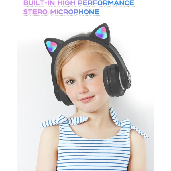 Bluetooth barnhörlurar med HD-mikrofon/LED-lampor (svart),
