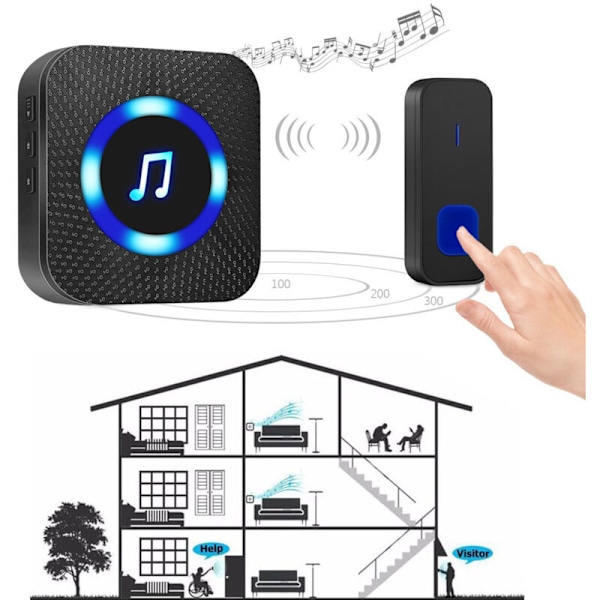 Trådlös Dörrklocka, 300M Dörrklocka IP55 Vattentät Elektronisk Signal, 55 Melodier med 5 Volymnivåer, Blå LED Svart (8.18.12.5cm)