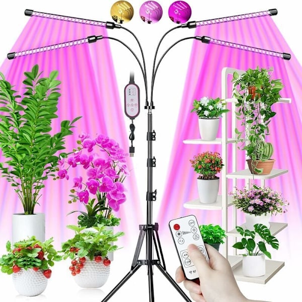 Plante Lampe, Vekstlys med Stativ, 80 LED Vekstlys 4 Hoder Fullspektrum Plantelampe med 10 Dimmenivåer 3 Timer Moduser