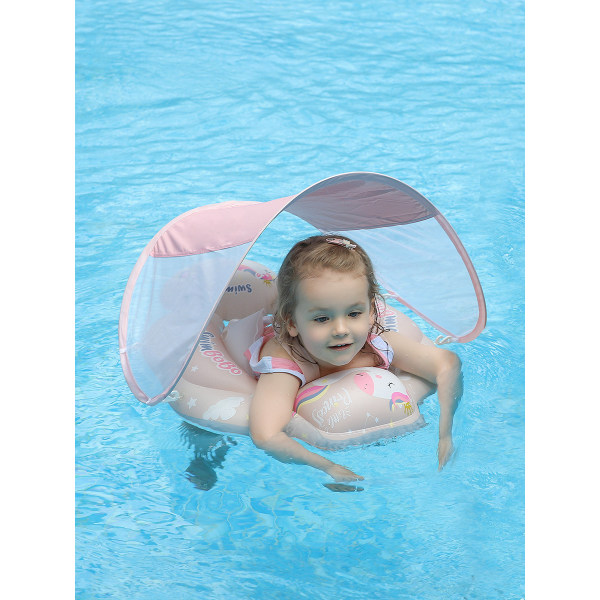 Inflatable baby swim float with safe bottom support and retractable canopy for safer swimming (S)