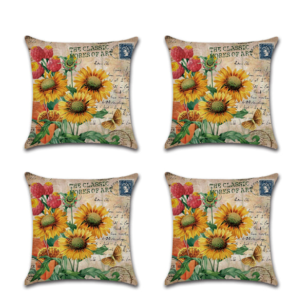 4 st Vintage Solros Bomull Linne Soffa Kuddfodral Kuddfodral (stil C)
