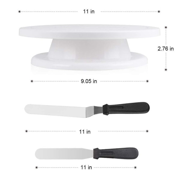 Roterende kakeplate med 2 glasurskjeer og 3 glasurjevnere, roterende kakeholder hvite bakekakedekorasjonssett forsyninger