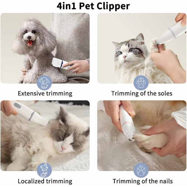 4 i 1 Hundtrimmer, Professionell Hundtrimmer: Tyst Hundtrimmer Vattentät, Sladdlös Klippmaskin för Husdjur med Uppladdningsbar USB-kabel för Katt och Andra