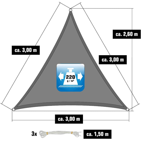 3x3x3 m HDPE Triangel Solskydd - Balkong Trädgårdsskydd Grå