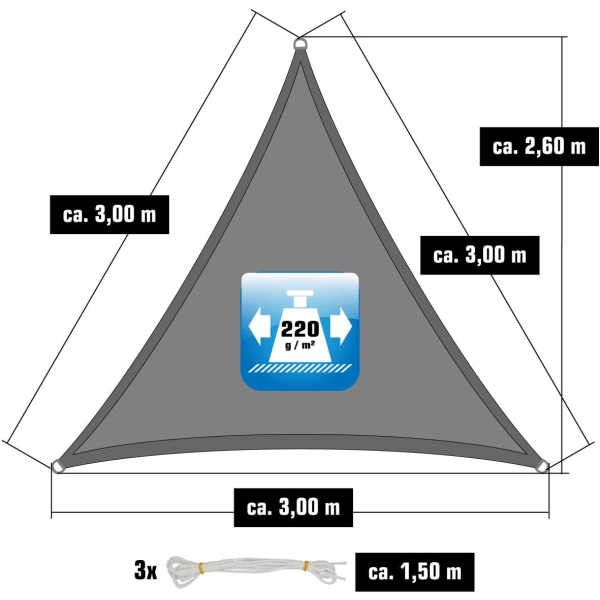 3x3x3 m HDPE Triangulær Solbeskyttelse - Balkonghagedekke Grå