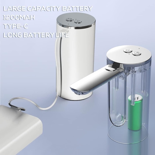 Vandflaskepumpe, elektrisk vanddispenser, vandflaskekontakt med 1200mA USB-opladning, til vandflasker i forskellige størrelser.