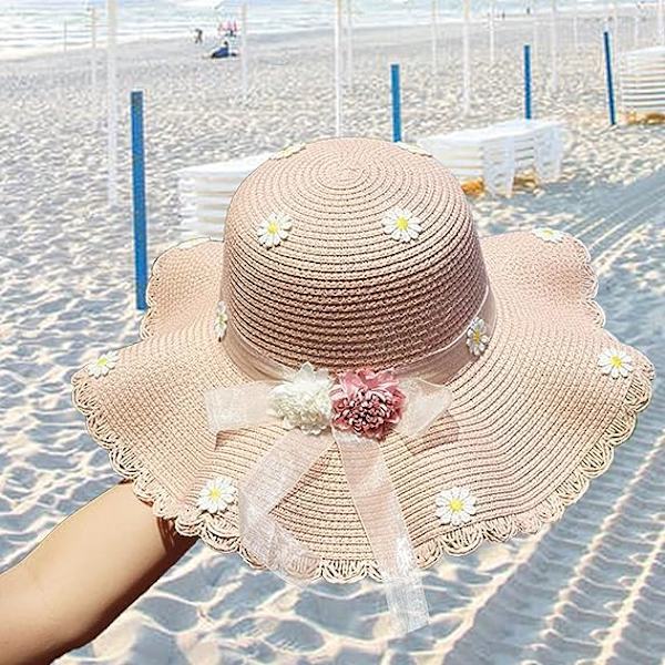 Rosa - hatt med väska, strandhatt, bredbrättad hatt, för kvinnor, flickor, sommar, strand, resor