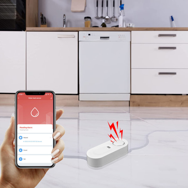 120 dB vannalarm Sensitiv lekkasje- og dryppalarm, lav batterialarm, for sårbare områder som kjøkken, bad og kjeller