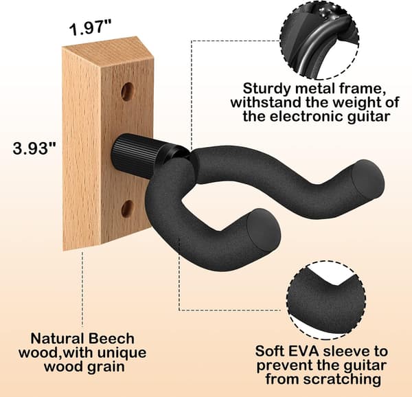 Väggmonterad gitarrhängare 4-pack, gitarrväggfäste med roterande mjuk krok för gitarrer i alla storlekar, väggmonterad gitarrhängare i U-form av massivt trä