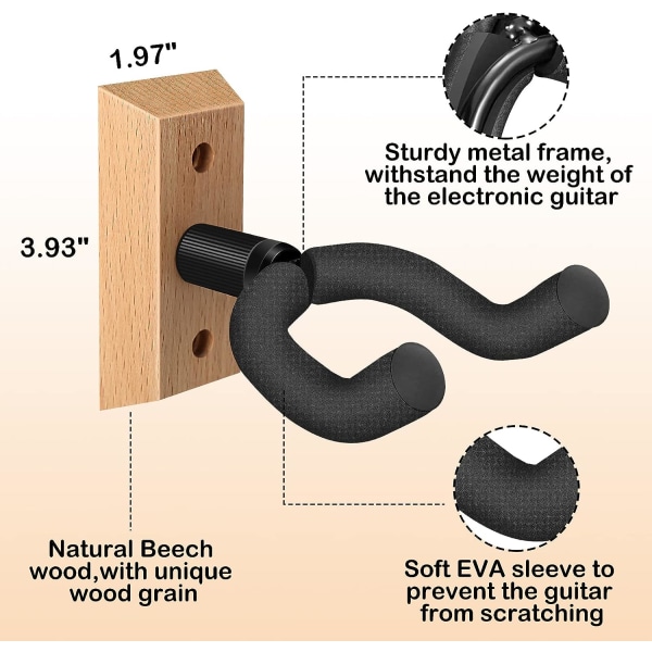 Vægmonteret guitarophæng 4-pak, guitarvægbeslag med roterende blød krog til guitarer i alle størrelser, massivt træ U-formet vægmonteret guitarophæng