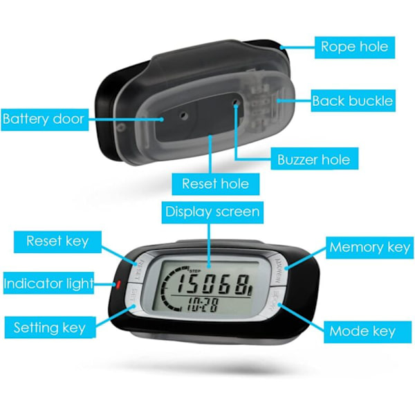 3D Skridttæller med Klips og Snor - Simpel Digital Pedometer til Gåture - 7 Dage - Kalorietæller