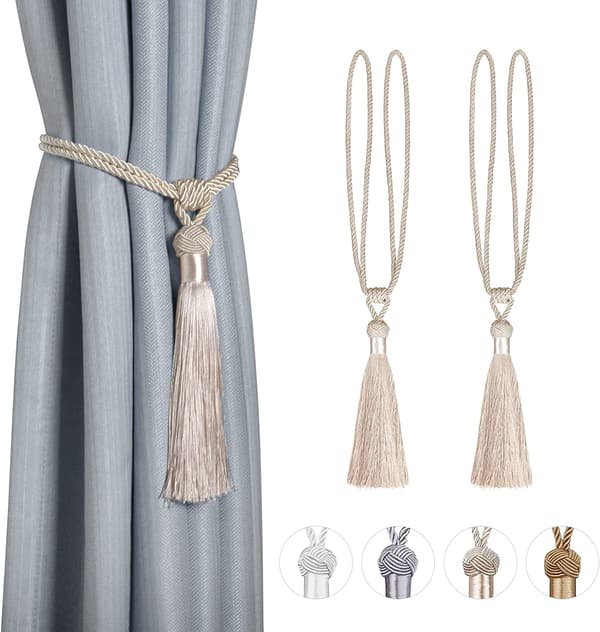 Set om 4 gardinbindningar rep flätad polyester bomullsvävnad draperibindningar med tofs dekorativa gardintillbehör, beige