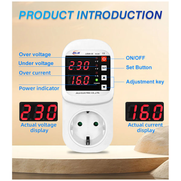 LCD Dobbelt Display Intelligent Display 16A BESKYTTELSE mod overbelastninger Automatisk Beskyttelse af Spænding og Ho Ho Bureau JJSVA-16 【Europ