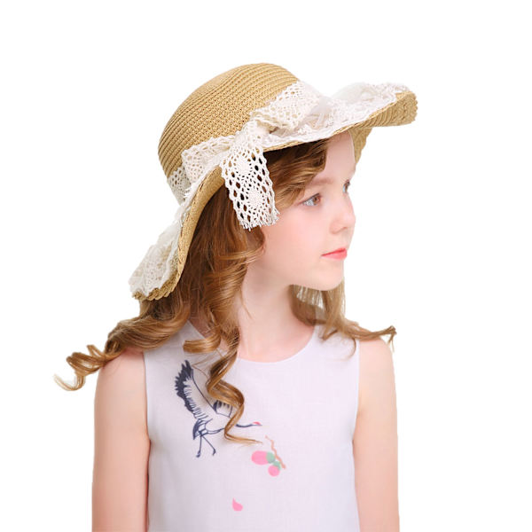 Liten flicka barn sommar halm hatt bred brätte floppy strand sol visir hatt