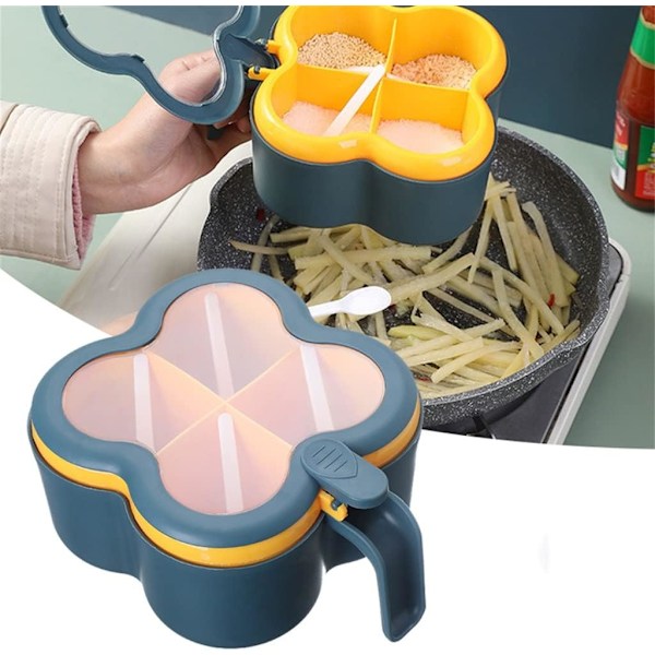 Blå Multi-Grid Kryddbox Med Förvaringsstartkruka Kryddad Skedsbehållare Salt Shaker Saltlösning Kryddbehållare
