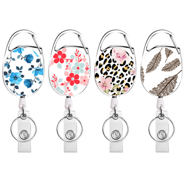 4 stk. Blomster Leopard Blad Akryl Patch Badge Reel med Tilbagekaldelig Klips, Studerende Gave, Tilbagekaldelig ID Badge Holder, Badge Holder