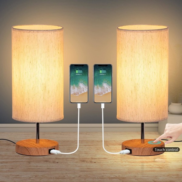 2-pack touch-kontrollerade sänglampor, 3 färgtemperaturer och kontinuerlig ljusstyrka, USB-laddningsportar, sänglampor*2 för vardagsrum, sovrum