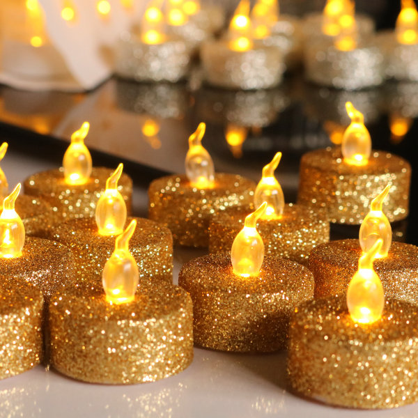 24 kpl Gold Glitter LED Tea Lights Musta liekettömät kynttilät Bat