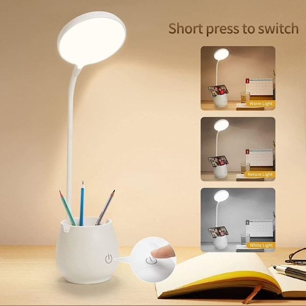 Lille genopladelig LED skrivebordslampe, beskyttende øjendesign, tilbyder 3 farvede belysningstilstande, velegnet til studenterkollegier og børneværelser.