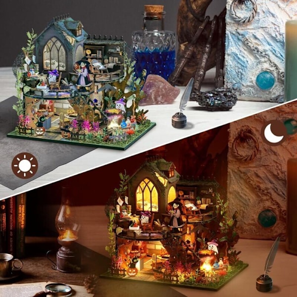 Halloween Miniatyrhus Set, DIY Miniatyrhus Trädgård, 3D Trä Miniatyr Dockhus med Möbler och LED-lampor för Kreativa Hemgåvor, Idealisk