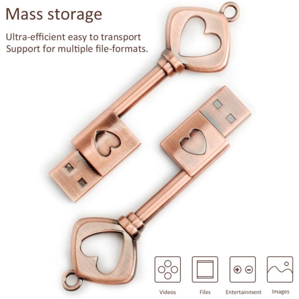 64GB Memory Stick, Vintage Metal Heart Key Shape Thumb Drive USB 2.0 Flash Drive