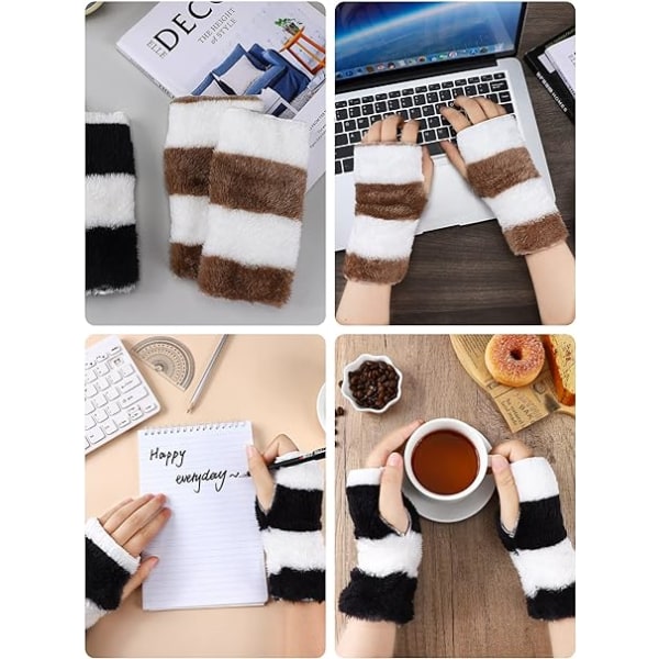 2 par dam vinter fingerlösa handskar varma lurviga tumhål handledsvärmare unisex handskar mjuka svart vita bruna ränder herrpresent