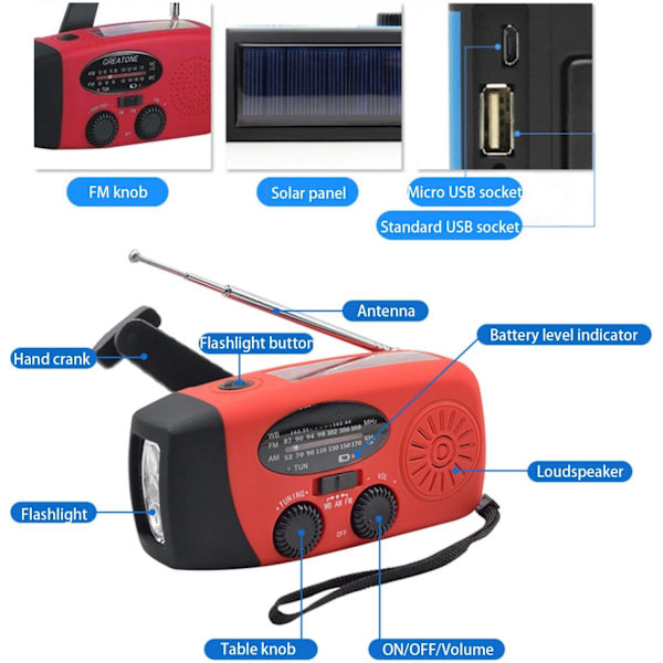 Solradio, bärbar USB-laddningsbar 2000mAh utomhuscamping powerbank med ficklampafunktion