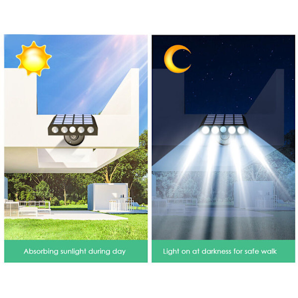 Udendørs lampe med solenergi med 4 LED'er, følsom lysstyring/PIR bevægelsessensor, menneskelig bevægelsesdetektor/3 forskellige belysningstilstande/IP65 integreret
