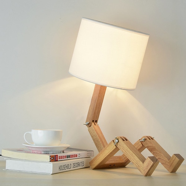 Robot Sengelampe Stofskærm Foldbar Massivt Træ Lampekrop Soveværelse Stue Kreativ Bordlampe