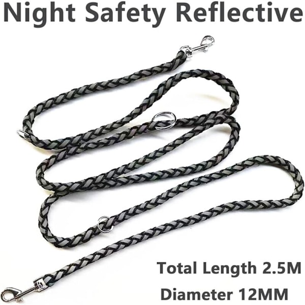 Hundesnor, reflekterende dobbeltline justerbar i nylon med 2 karabinhager og 3 ringe, 2,1 m sort line til multifunktionel hund til små/mellemstore