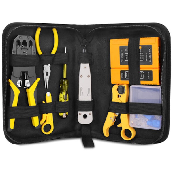 Kit med RJ45 RJ11 RJ12 Handskit nätverksreparationsverktygssats med kabeltestare, fjäderklämma, crimpverktyg, crimptång