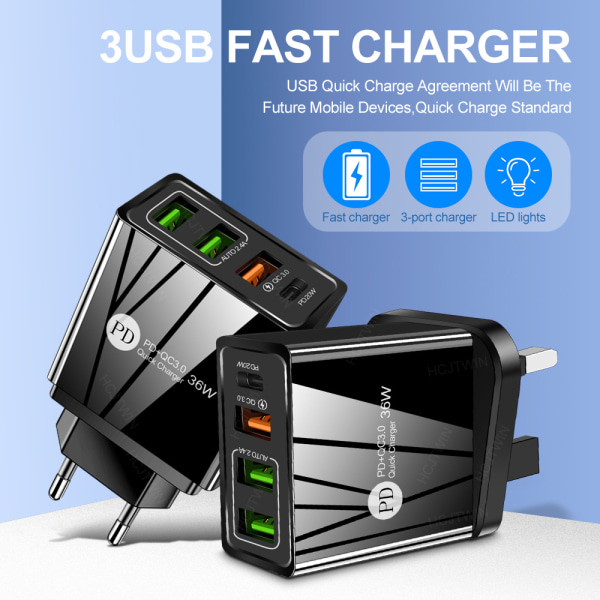 2.4A Dobbel USB Hurtiglader Mobiltelefonlader Multi-USB med PD Lader-EU Europeisk Standard Svart (Rundt Hode)
