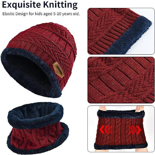 Barne Vinterlue Håndkle Sjal Håndsett Sett -Burgundy Varm Termisk Strikket Lue Cap Snood Halsvarmer Berøringsskjerm Anti-skli Vott Utendørs Sport Myk Fleece