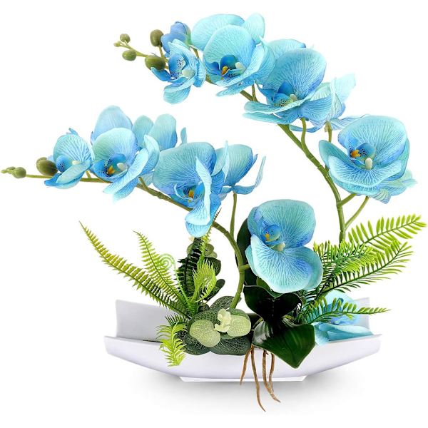 Blå dekorative kunstige orkideer med ekte preg, bonsaitre, kunstige blomster med imiterte porselensblomsterpotter, Phalaenopsis-blomsteroppsatser for hjemmedekor