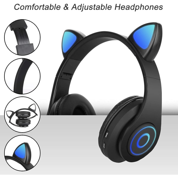 (Svart) Trådløst Bluetooth-headset Barn Headset Foldbart Kattehodetelefon med Stereomikrofon Barn Bluetooth-headset for PC-telefon.